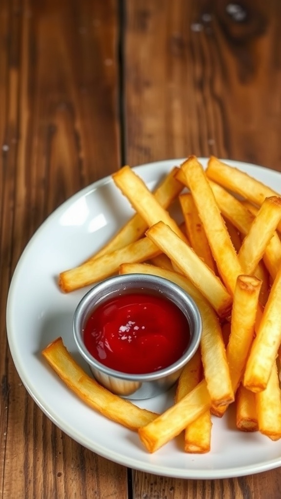 Crispy Air Fryer French Fries Recipe Crispy air fryer French fries on a plate with ketchup, garnished with salt.